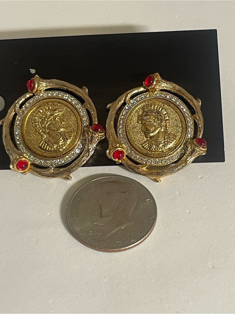 Craff marking   Gold-Tone Coin Medallion Earrings with Red Accents